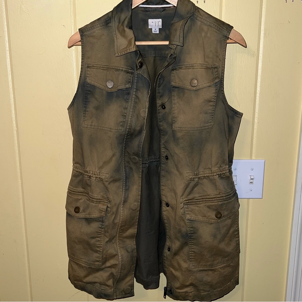 a new day Green Khaki Cargo Utility Cotton Snap Button Front Zipper Vest Size M
